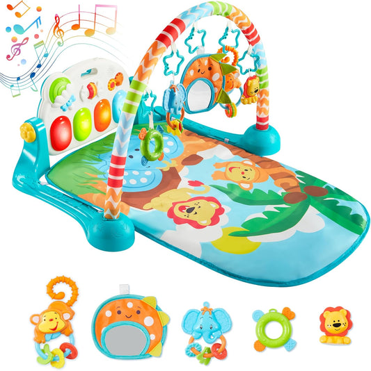 SYNCFUN Baby Play Mat Activity Gym, Tummy Time Mat Toys, Baby Musical Learning Toys 0-6 Months, Adorable Animal-Themed Play Gym with Piano Panel, Newborn Gifts for 0-3 6 9 12 Months