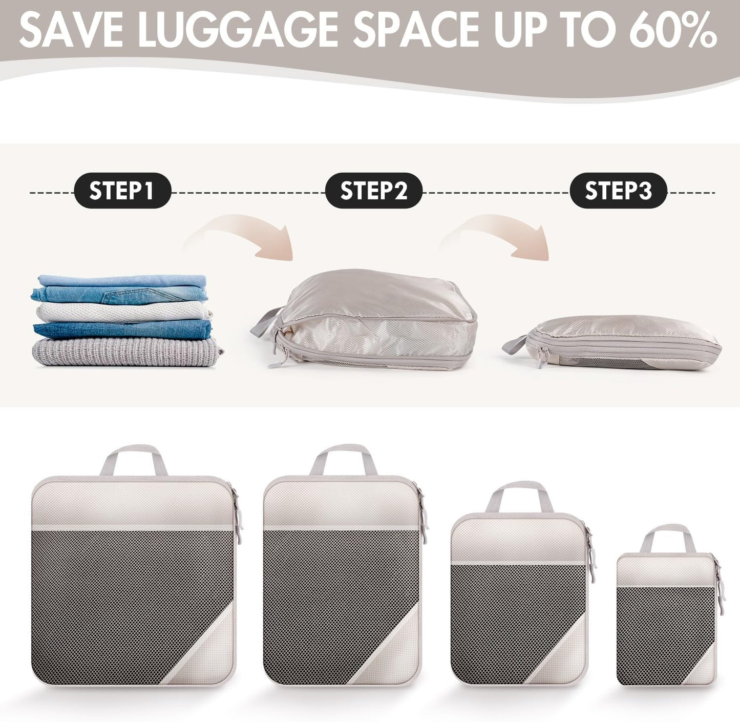 MUUKAIII Luggage Organizer Set of 9 Cubes for Travel, Compression Organizer Suitcase, Space-Saving Suitcase, Travel Organizers, Packing Cubes Set, Travel Organizer for Clothes, Ultralight, Beige