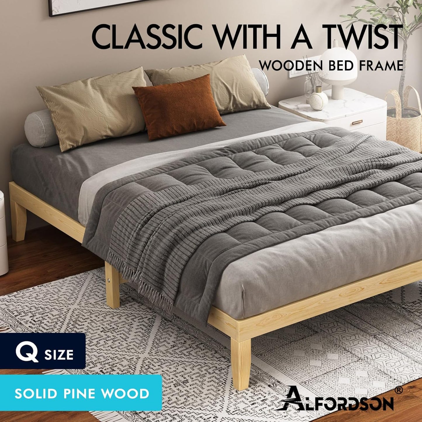 ALFORDSON Queen Bed Frame Wooden Bed Base with Solid Wood Pine Timber Slats, Oak Bed Foundation Mattress Base Platform with Storage Space, Pramod Series Bedroom Furniture