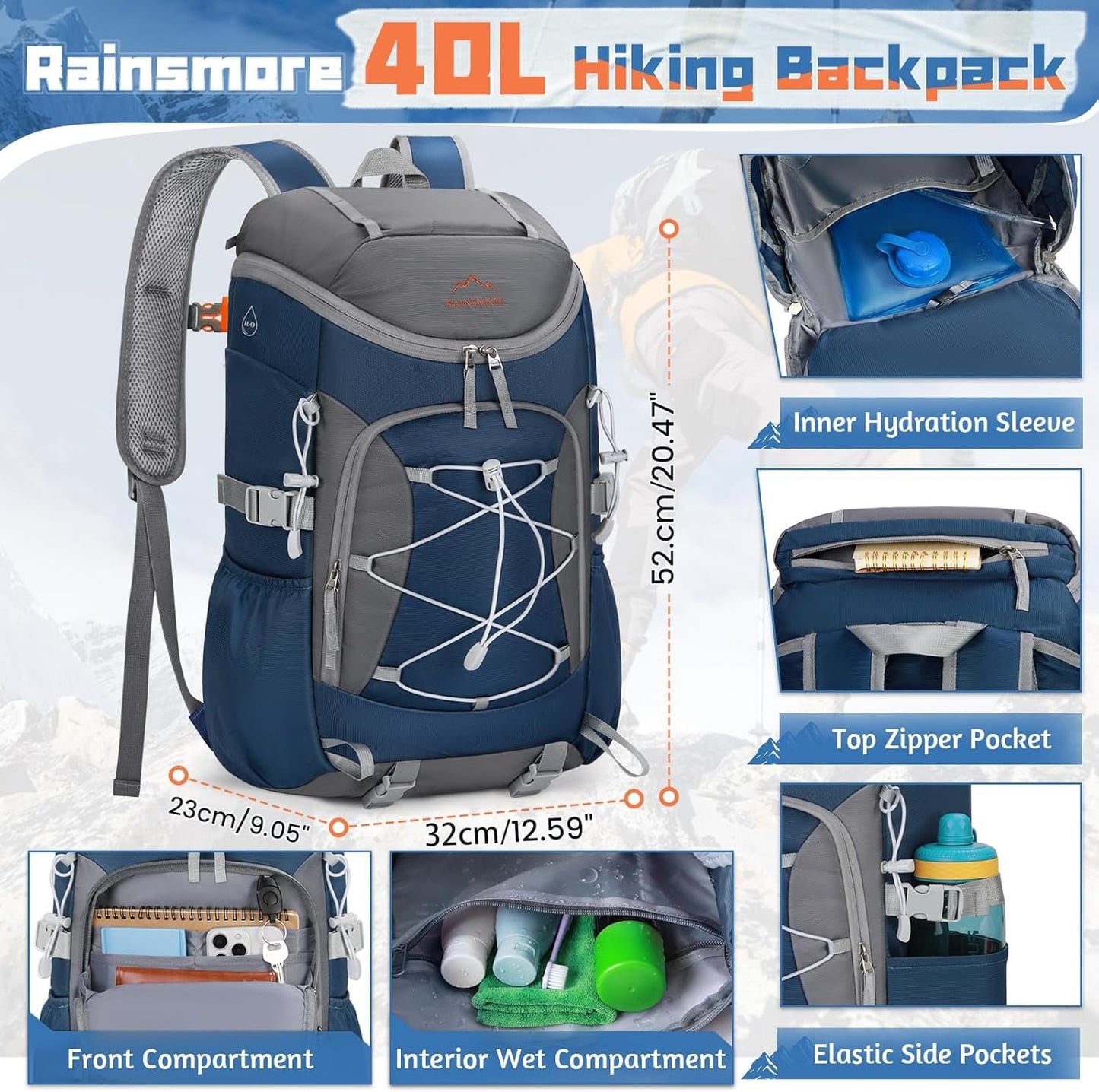 RAINSMORE Packable Hiking Backpack for Men Women Foldable Camping Backpack 40L Waterproof Hiking Daypack Lightweight