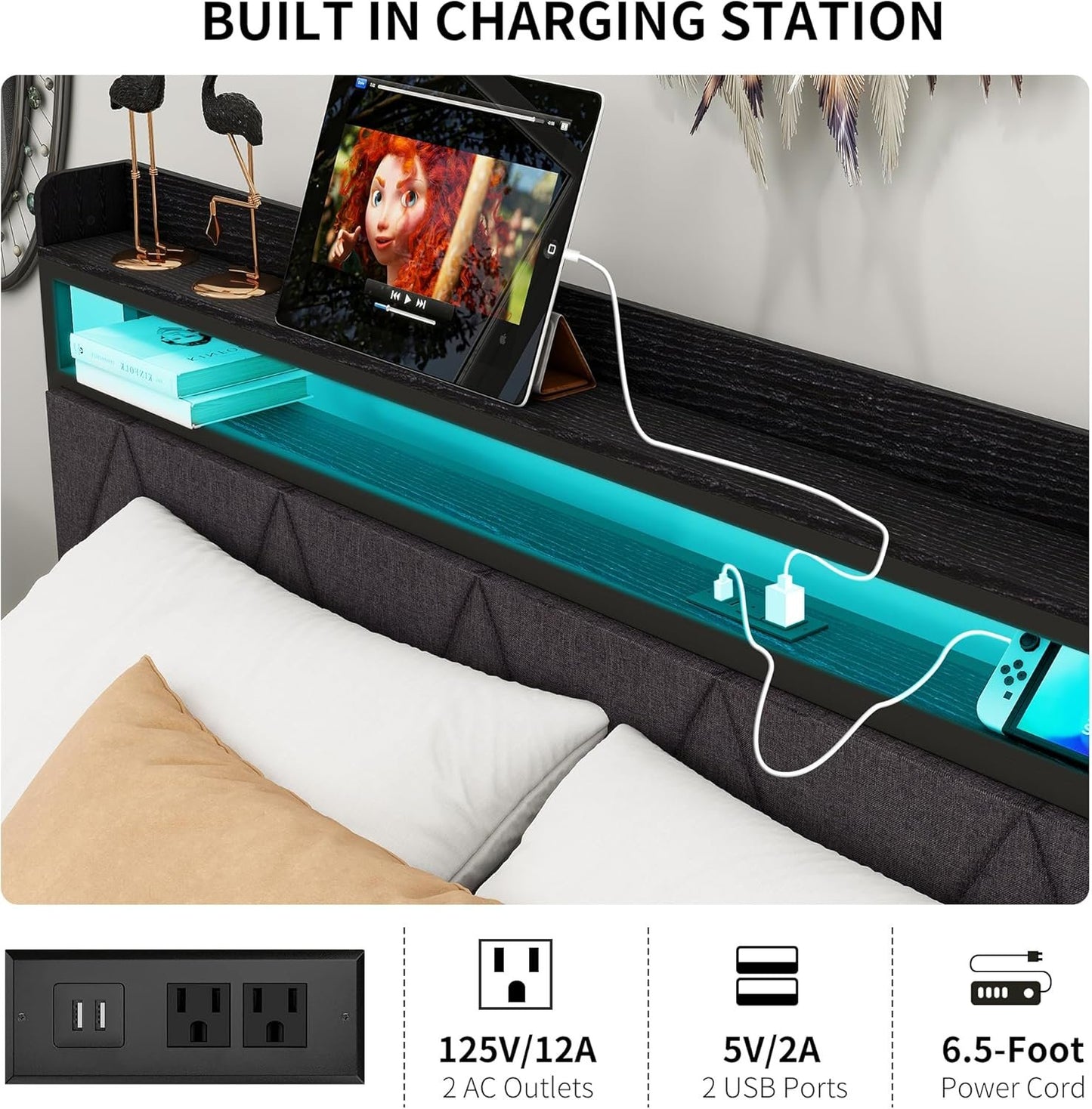 VERFARM King Size Bed Frame with LED Lights Storage Upholstered Headboard and Charging Station, Heavy Duty Metal Platform King Size Bed Frame, No Box Spring Needed, Noise Free, Easy Assembly