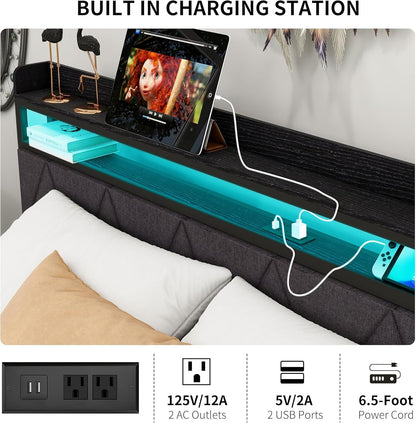 VERFARM King Size Bed Frame with LED Lights Storage Upholstered Headboard and Charging Station, Heavy Duty Metal Platform King Size Bed Frame, No Box Spring Needed, Noise Free, Easy Assembly