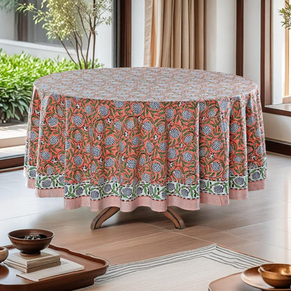 Ridhi 100% Cotton Tablecloth for Kitchen Dining Tabletop Decoration Picnic Events Parties Weddings Block Print Round Tablecloths (Dark Salmon Pink, 4 Seater 60 INCH Round)