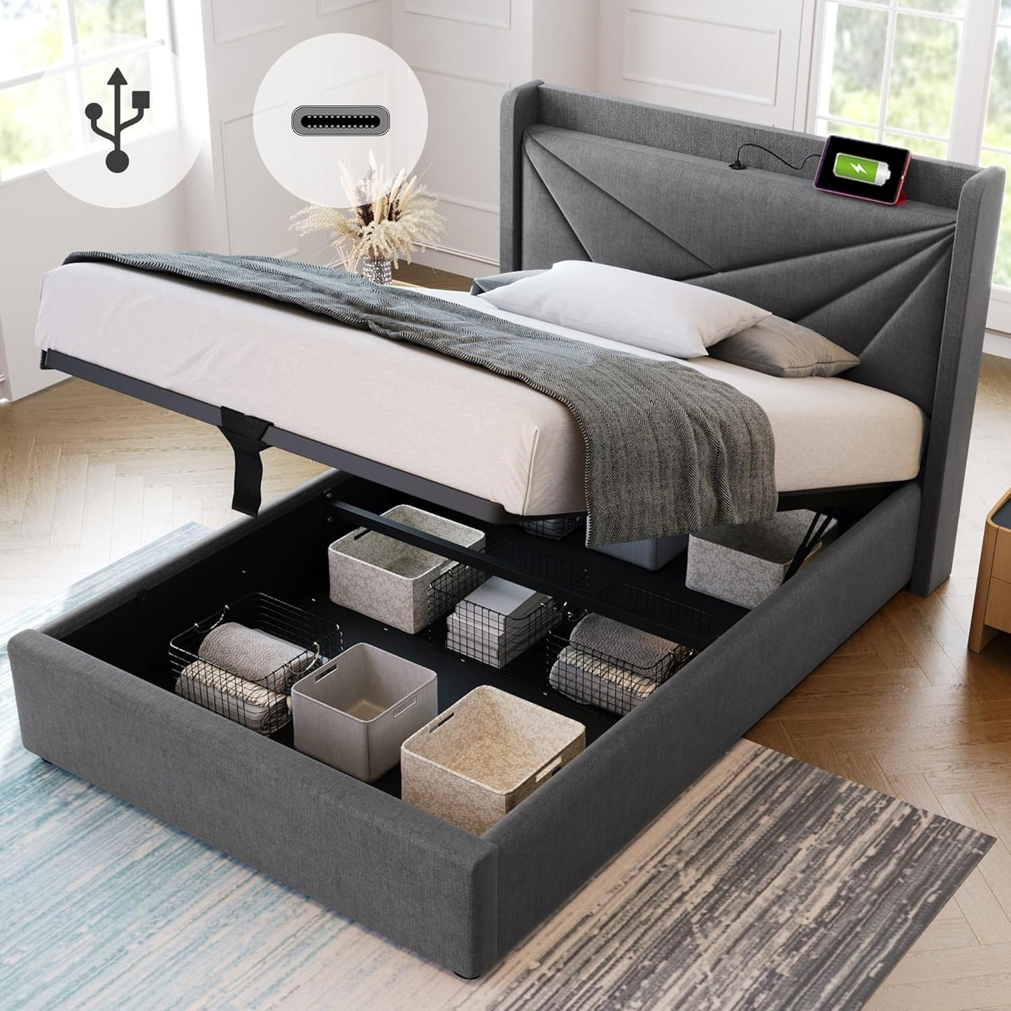 BNUZ Single Padded Bed, Bed Storage Box with USB Type C Charging Function, Headboard, Linen Material, 90 x 200 cm with Grid (No Mattress) (Grey, 90 x 200 cm)