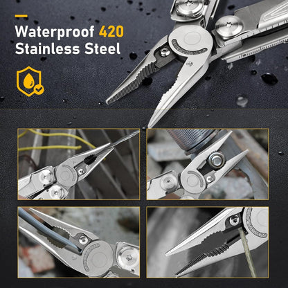 BIBURY Multitool Pliers,19-in-1 Pocket Multi-Tool w/Screwdriver Sleeve,Wire Cutters, Spring-Action Scissors & Nylon Sheath, Stainless Steel Multi-Plier for Survival, Camping, Hunting,Fishing & Hiking