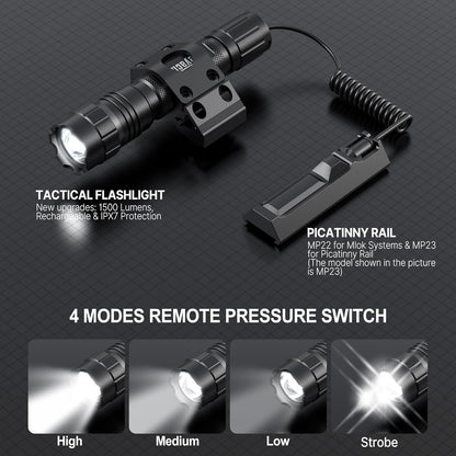 Feyachi 1500 Lumen Tactical Flashlight Rechargeable IPX7 Protection 4 Modes LED Weapon Light Mlok Flashlight Included with Pressure Switch