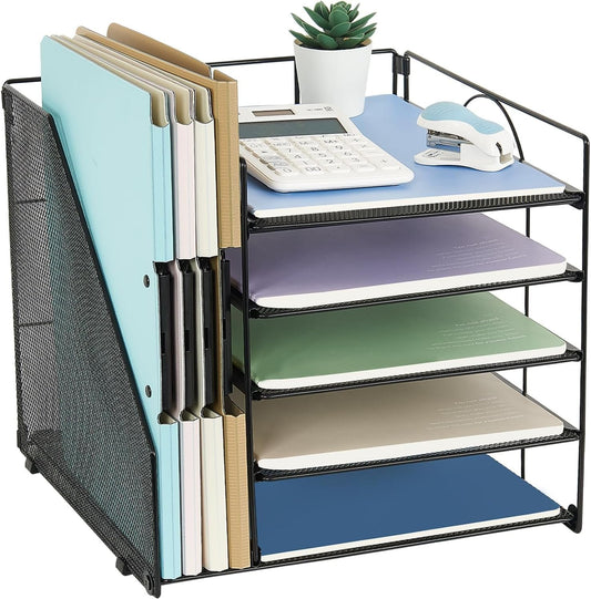 Gugsey Desk Organizer and Accessories, 5-Tier Paper Letter Tray with File Holder, Mesh Desktop File Organizers for School, Home, Office Supplies Organization and Storage (Black)