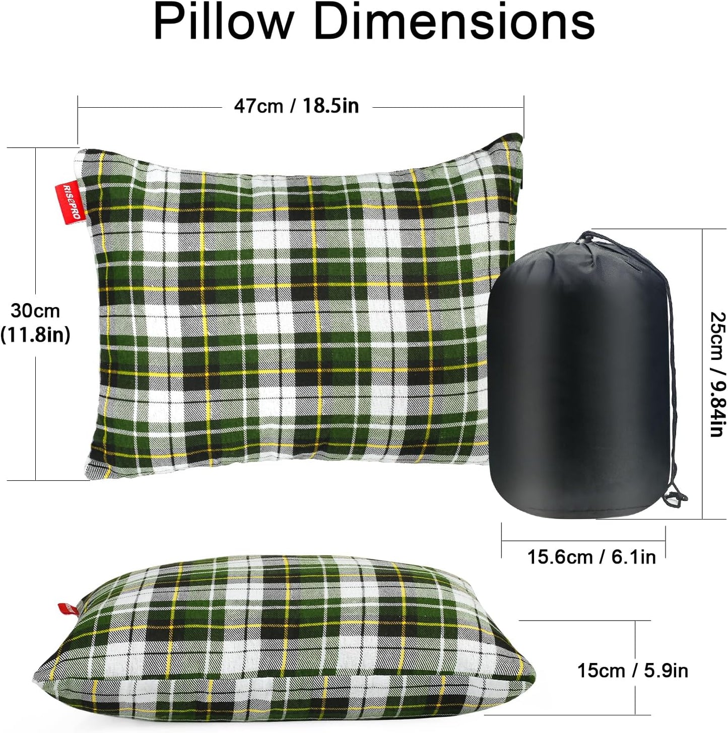 RISEPRO Outdoor Camping Pillow Lightweight, Compressible, Flannel Travel Pillow Cases, Washable Removable Pillow Cover Camping and Backpacking Green