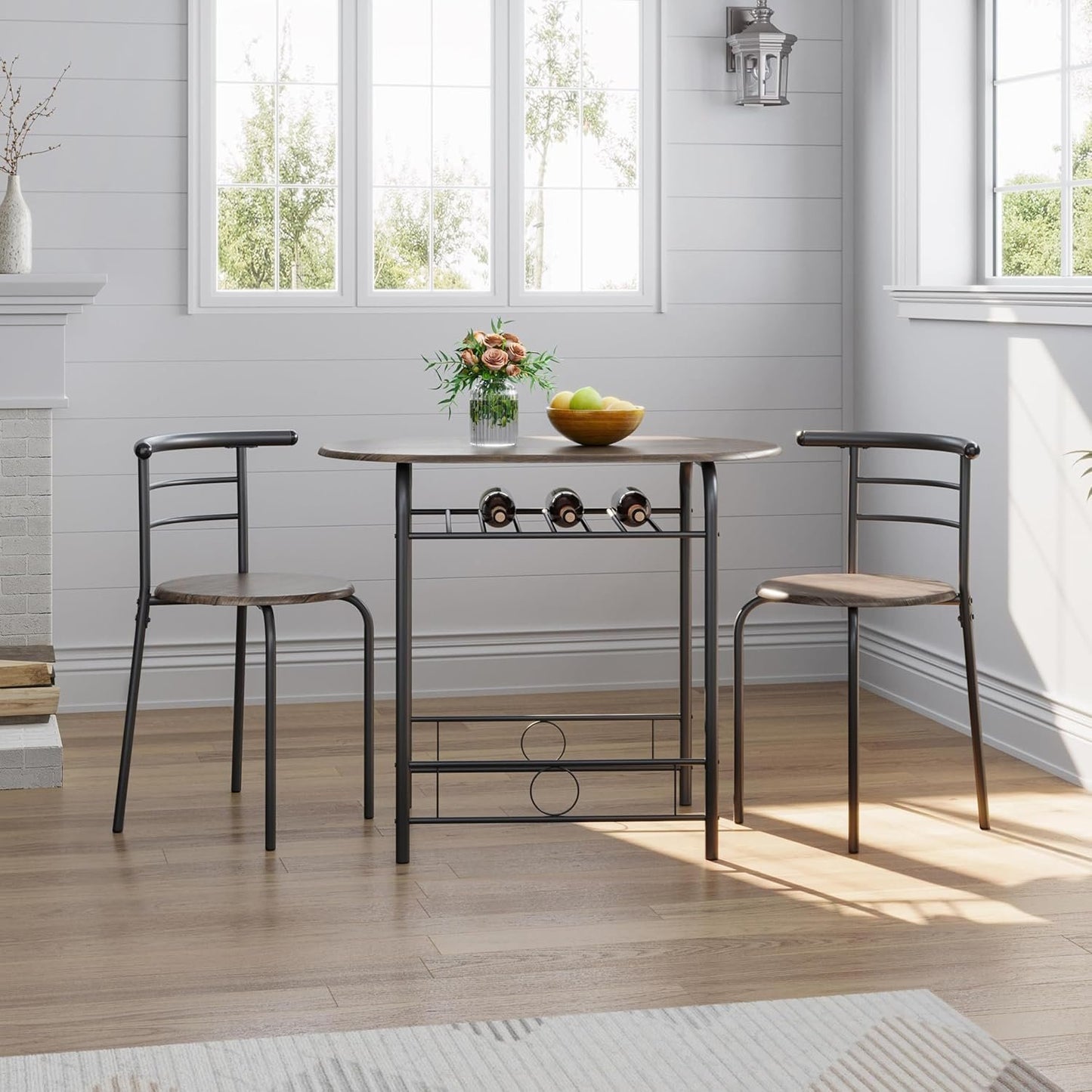 Yaheetech 3-Piece Dining Table Set, Kitchen Table & Chair Sets for 2, Compact Table Set w/Steel Legs, Built-in Wine Rack for Breakfast Nook, Small Space, Apartment, Drift Brown