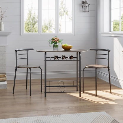 Yaheetech 3-Piece Dining Table Set, Kitchen Table & Chair Sets for 2, Compact Table Set w/Steel Legs, Built-in Wine Rack for Breakfast Nook, Small Space, Apartment, Drift Brown