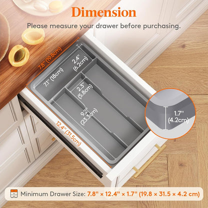 Lifewit Silverware Tray, Cutlery Drawer Organizer Storage for Kitchen, Plastic Flatware Utensil Holder Divider for Spoons Forks Knives Tableware, 4 Compartment, Gray