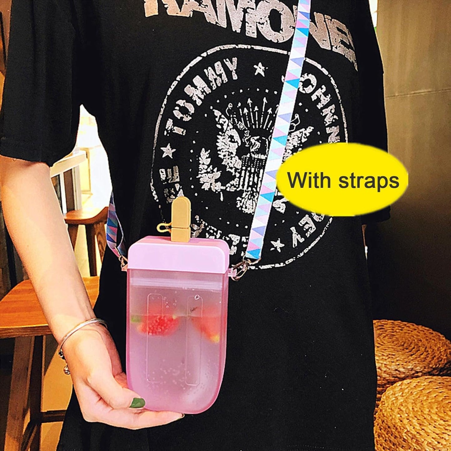 Cups Mugs, Popsicle Water Bottle with Straw Cute Ice Cream Drink Bottle Leakproof Plastic Juice Drinking Cup 300ml