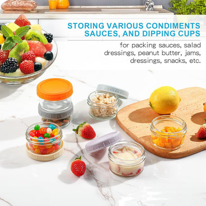 MeCids 8 Pack Glass Jar Food Storage Container set, 2.7oz Salad Dressing Container with Lids, Food Storage Containers, Leak-Proof Reusable for Lunch Box, Microwave & Dishwasher Safe, BPA Free