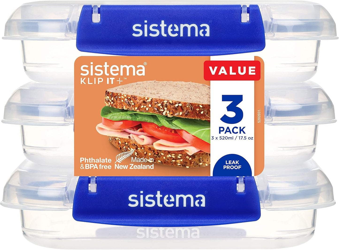 Sistema KLIP IT PLUS Food Storage Containers | 520 ml | 3 Piece Airtight Sandwich Containers Set | Leak-Proof Seal | Easy Locking Clips | BPA-Free