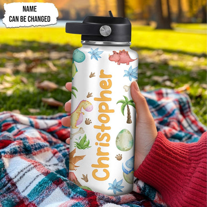 Hyturtle Personalized Dinosaur Water Bottle, Customized Name Dino Stainless Steel Insulated Sports Bottles Drinking Cups For Kids Toddler Boys Girls Back To School Cup With Lid 12 oz 18 oz 32 oz