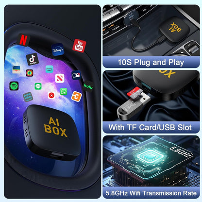 4-in-1 Wireless CarPlay Adapter Support Netflix/YouTube/TF Card, Android Auto & Carplay Adapter with USB-A & USB-C Cables, Convert Wired to Wireless Apple Dongle, Video Box Car Game for iOS 10+