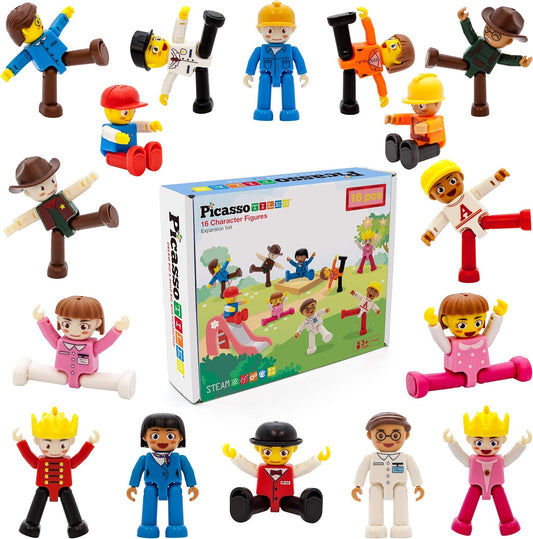 PicassoTiles 16 Piece Character Action Figures Toddler Toy Set Expansion Variety Pack Magnet Education Construction Blocks STEM Learning Kit Pretend Play Toys for Magnetic Building Block Tiles PTA08