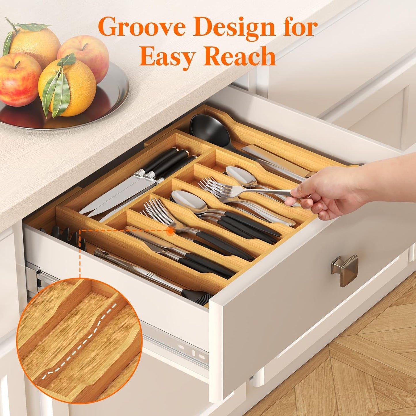 Lifewit Large Cutlery Drawer Organizer, Expandable 13" to 22.5" Utensil Holder for Kitchen, Bamboo Flatware and Silverware Tray, Wood Adjustable Storage for Spoons Forks Knives, Natural