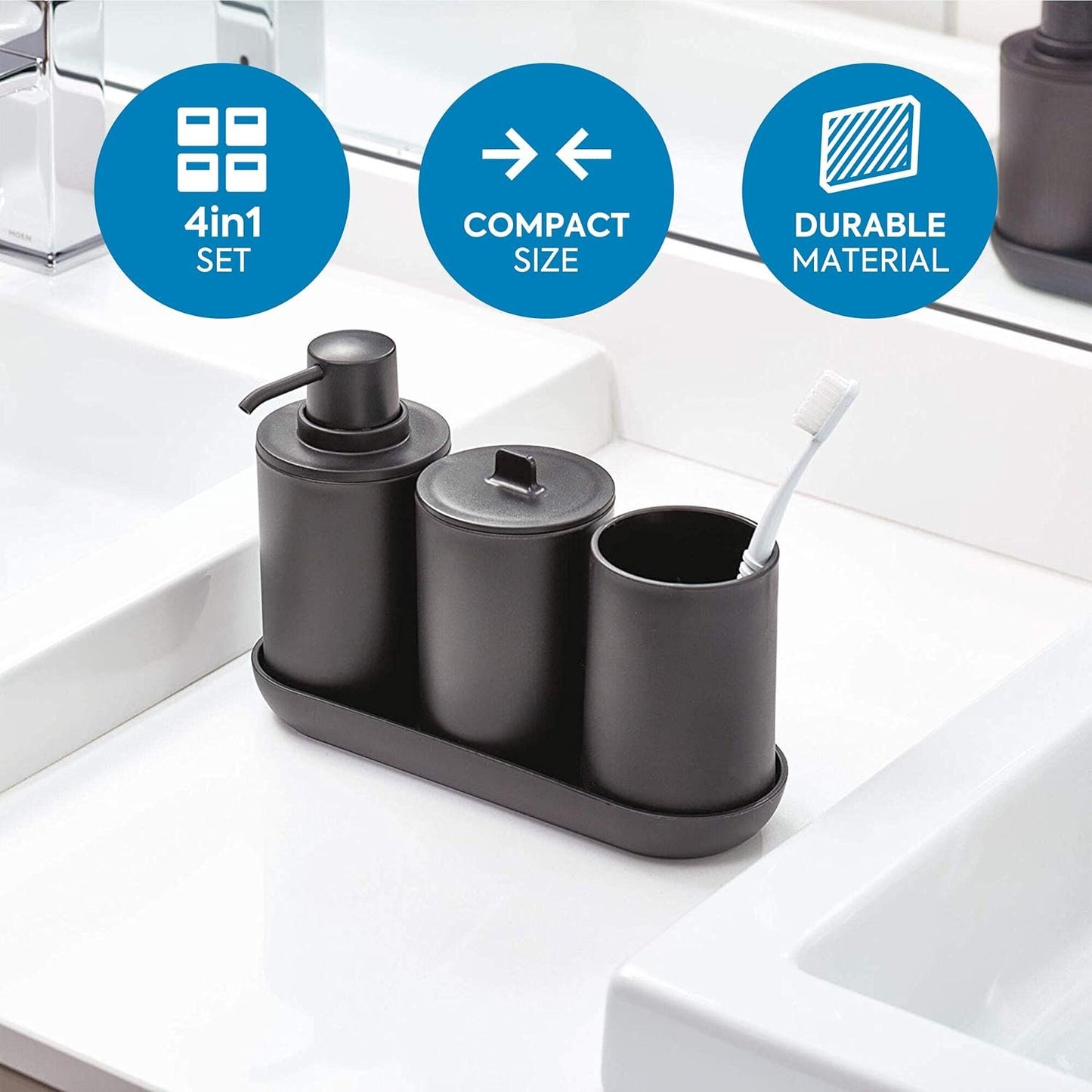 iDesign Cade 4-Piece Bathroom Accessory Set, Matte Black