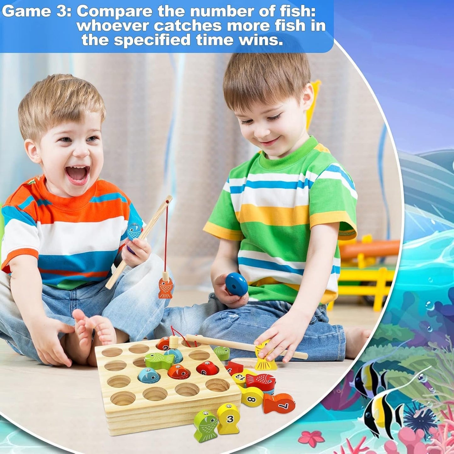 FLITI Wooden Magnetic Fishing Game for Kids Toddlers, Montessori Toys, Preschool Educational Learning Toys, Gifts for 1 2 3 4 5 Years Old Boys Girls