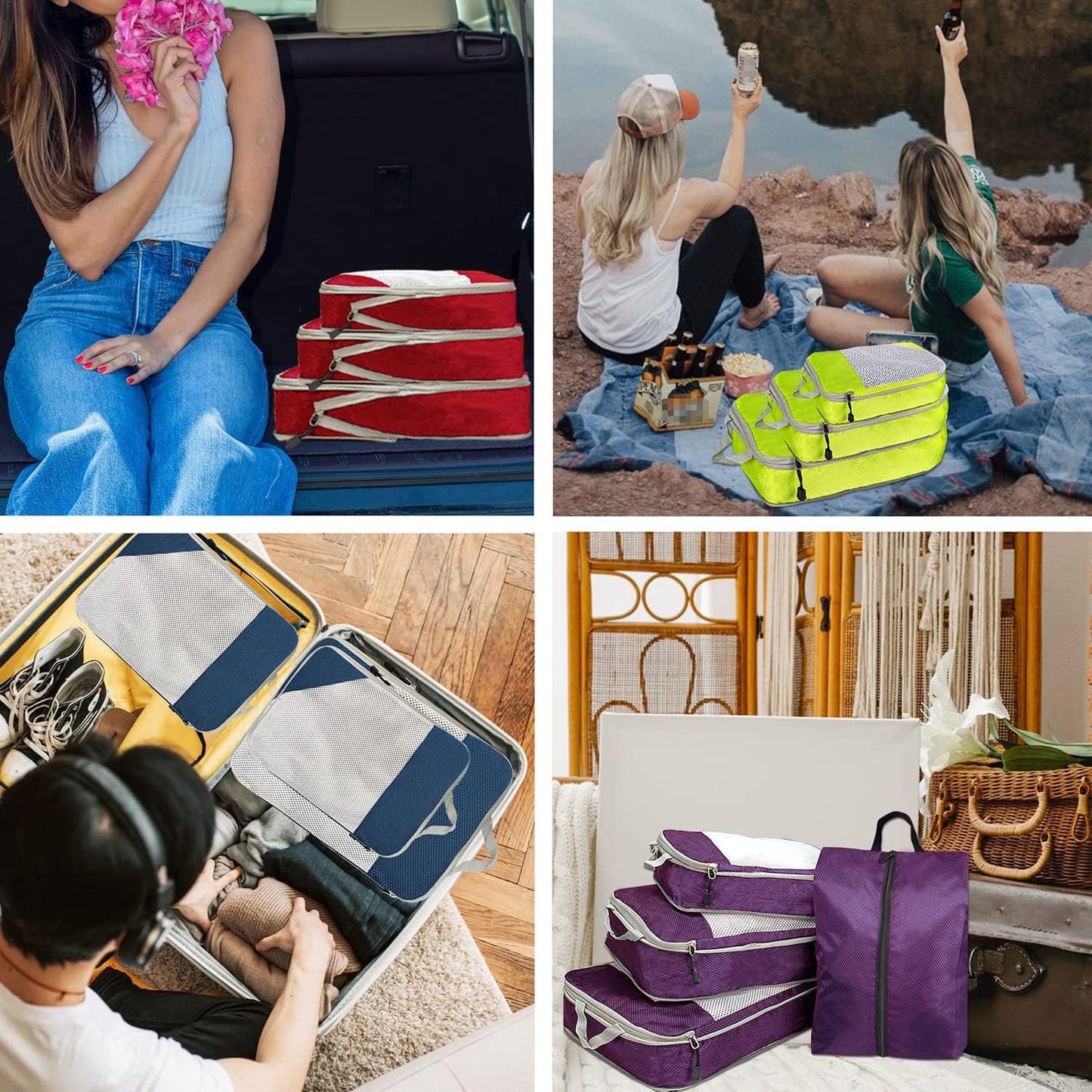 ehsbuy Compression Packing Cubes 4 Pieces for Travel Organizer Luggage Organizer Suitcase 3 Cubes + 1 Laundry Bags for Clothing Accessories