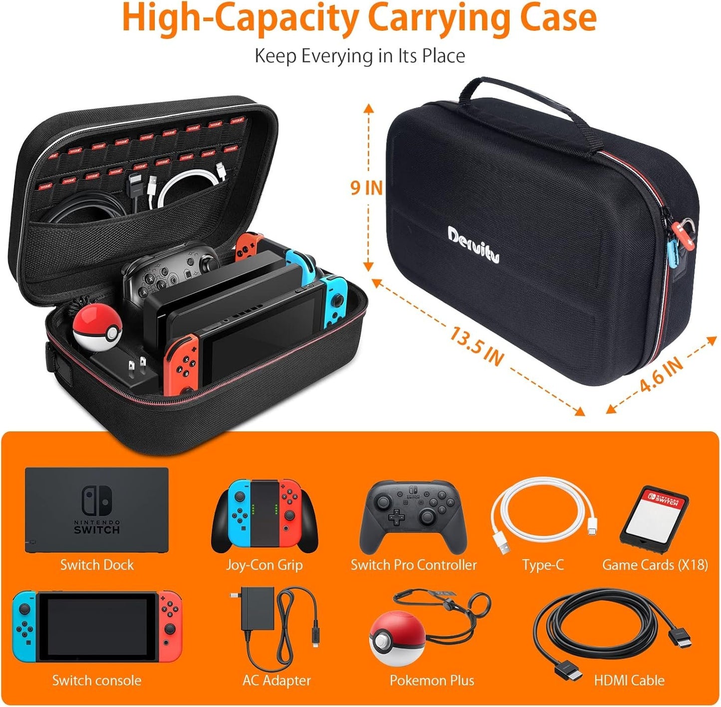 Deruitu Carrying Case for Nintendo Switch/OLED Model Case, Portable Travel Protective Hard Messenger Bag Soft Lining 18 Games for Switch Console Pro Controller & Accessories Black
