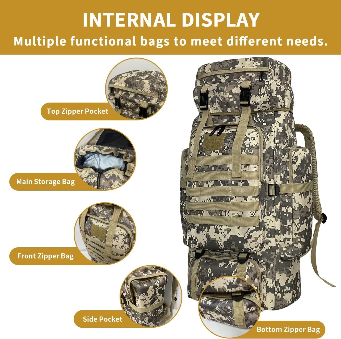 Vaupan Hiking Backpack, 80L Camping Backpack, Waterproof Large Outdoor Sport Travel Daypack Molle Rucksack for Men Women
