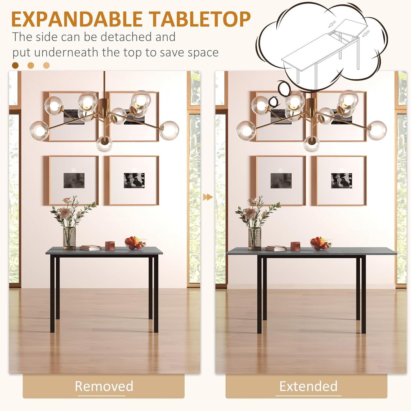 HOMCOM Expandable Dining Table with Detachable Side, Folding Kitchen Table for 6 People, Extending Table with Steel Frame for Small Spaces, Dark Grey