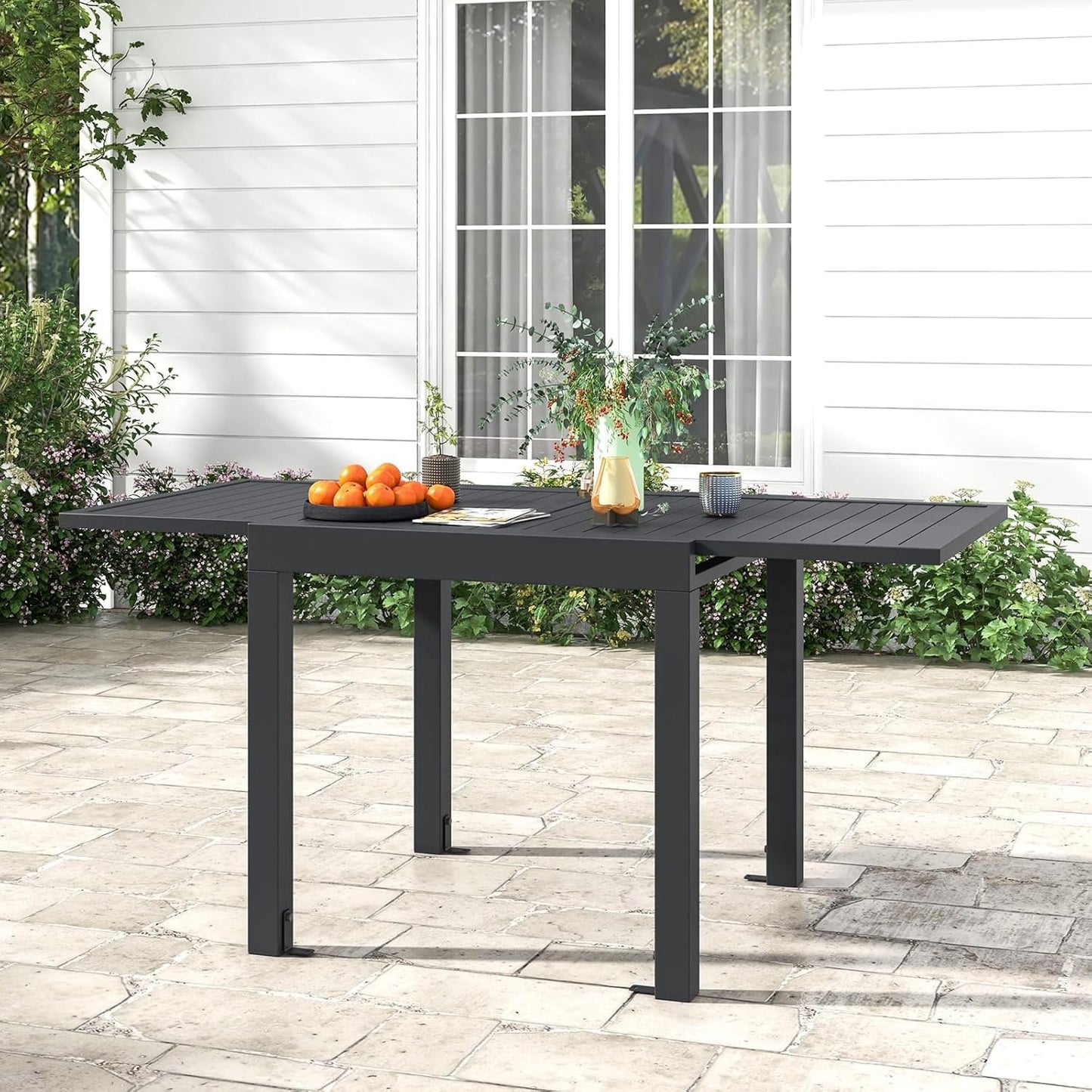 Giantex Expandable Patio Table, 31.5”-63” Extendable Aluminum Dining Table for 4-6 People, Slatted Tabletop, Square Rectangular Outdoor Table for Backyard, Front Porch, Poolside