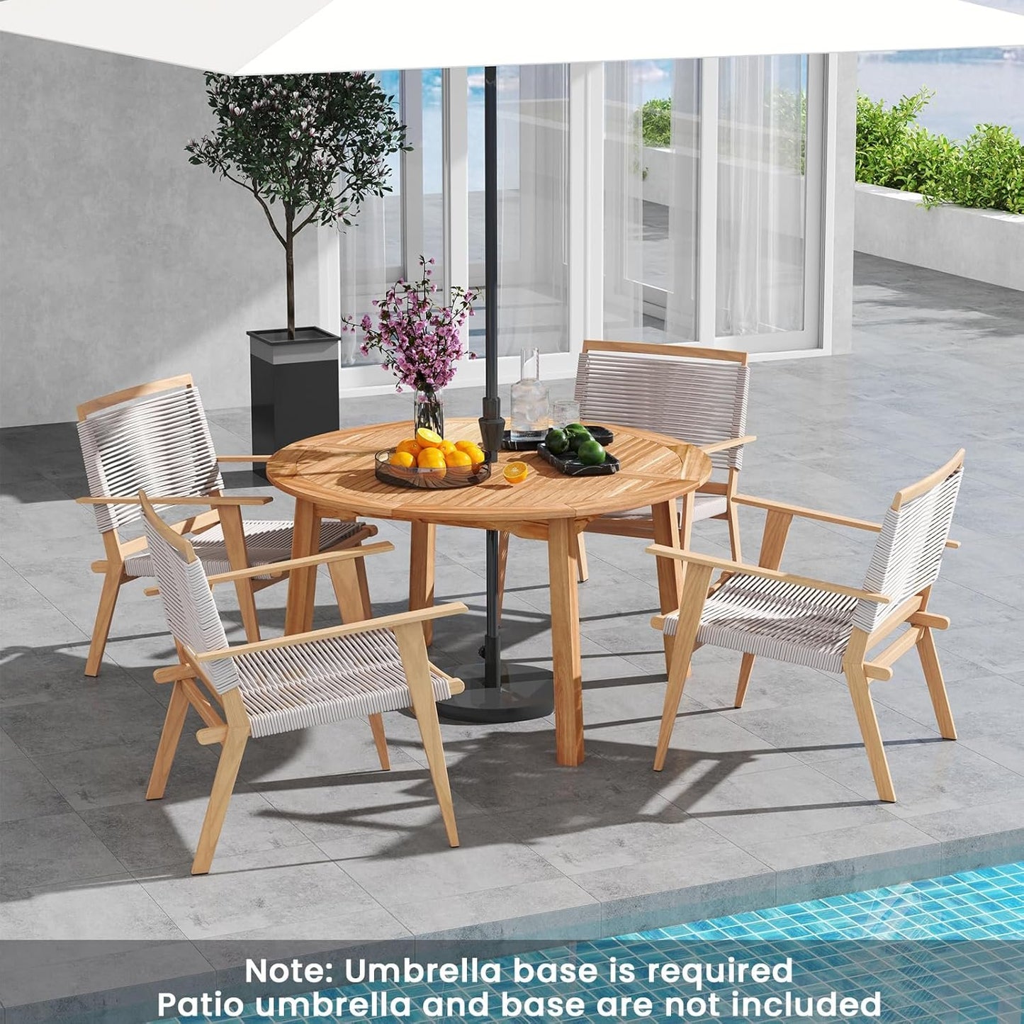 HAPPYGRILL Round Patio Dining Table, Acacia Wood Outdoor Dining Table with 2" Umbrella Hole and Slatted Tabletop for 4-6 Person, 53-Inch Dining Furniture for Yard, Deck Lawn, Garden, Natural