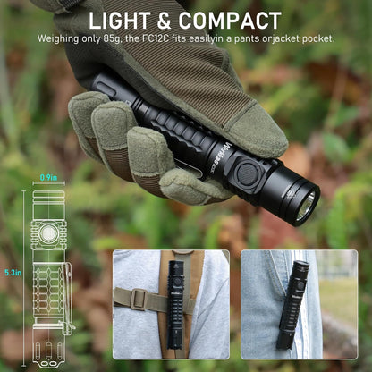 Wurkkos FC12C Tactical Flashlight 1600 High Lumens, USB-C Rechargeable LED Flashlights, 332M Long Throw Flash Light, IP68 Waterproof, Dual Switches and Constant Current Circuit for Searching, Hunting