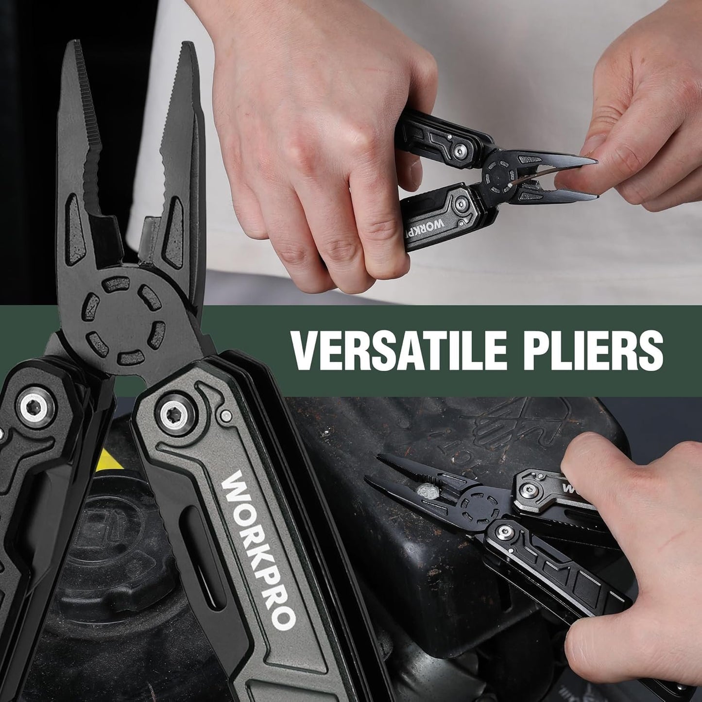 WORKPRO 11-in-1 Stainless Steel Multitool Pliers - EDC Multi-Tool with Safety Lock, Pocket Clip & Sheath - 220g Camping Knife, Screwdriver, Saw, Wire Cutter & Bottle Opener