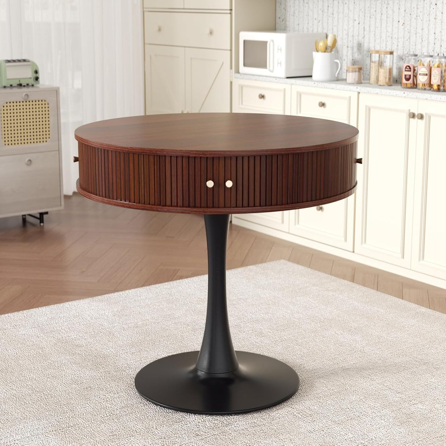 Dining Table Round for 2 Persons, 31.5 Inch Round Table with Metal Pedestal, Seamless Tabletop with Faux Woodgrain, 2 Sliding Doors, 4 Hidden Compartments, for Small Spaces, Apartments, Cafes, Walnut