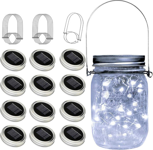 ZNYCYE Solar Mason Jar Lights, 12 Pack 30 Led String Fairy Star Firefly Jar Lids Lights(Jars Not Included), Outdoor Waterproof for Mason Jar DIY, Wedding Party Lawn Patio Garden Yard(Cool White)