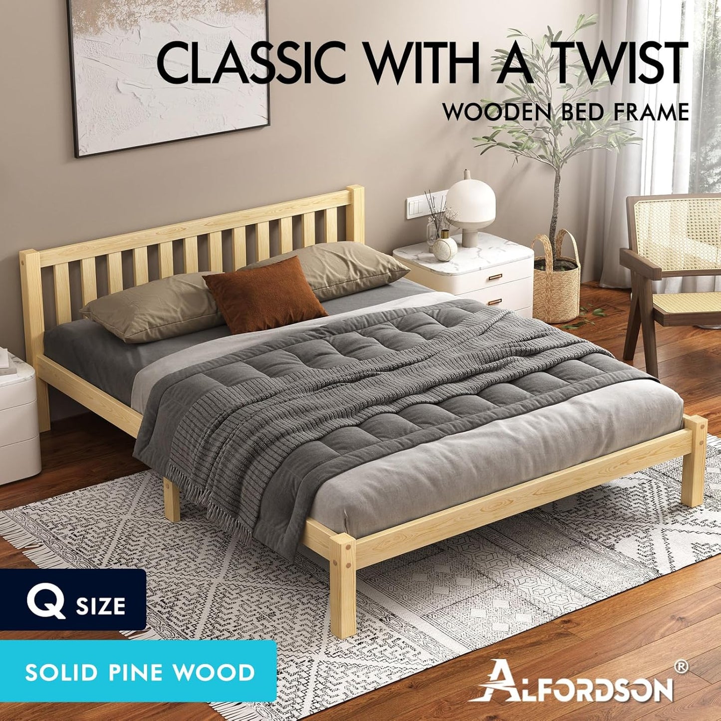 ALFORDSON Bed Frame Queen Wooden Bed Base with Solid Wood Pine Timber Slats, Mattress Base Platform Support, Oak Bed Foundation with Storage Space, Fenella Series Home Bedroom Furniture