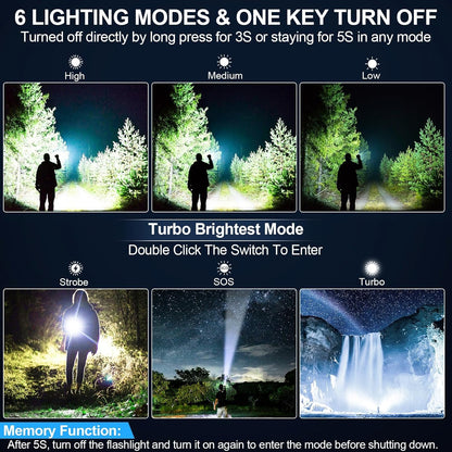 Flashlights High Lumens Rechargeable, 1500M Long Throw Super Bright LED Small Powerful Flashlight with Memory Function, 6Modes Pocket Waterproof Flash Light for Camping (2, Black)