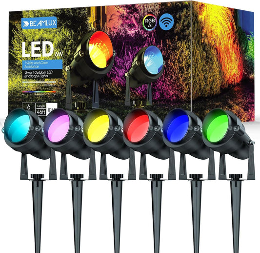 BEAMLUX Smart Outdoor Spot Lights, IP65 Waterproof Uplight Spotlights, Halloween Decorations, WiFi 24V Low Voltage Landscape Lights Work with Alexa, RGBAi Color Changing Lights for Halloween, 6 Pack