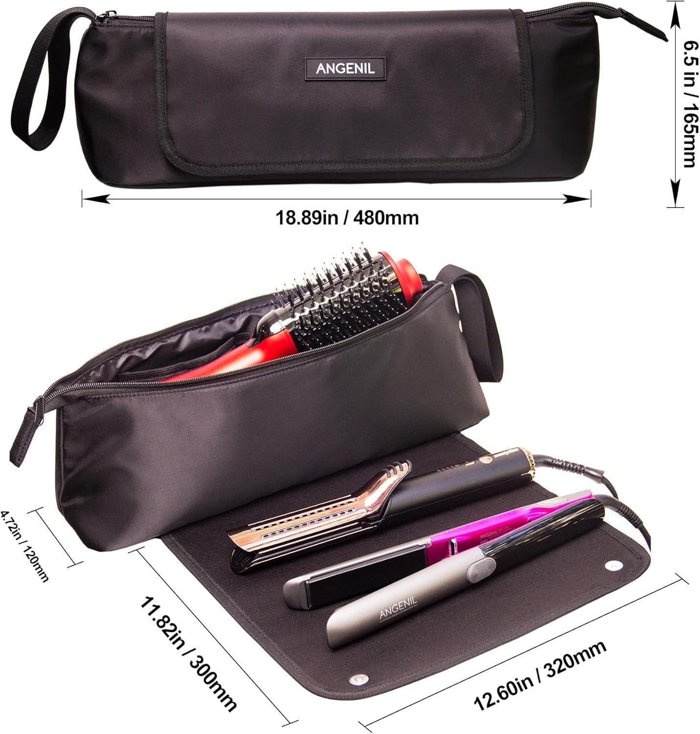 ANGENIL Large Curling Iron Bag, Heat Mat for Hair Tools Travel Bag 2 in 1 with Heat Mat for Hair Curler, Hair Straightener Brush and Hot Air Brushes, Hot Tool Bag Accessories Organizer for Women