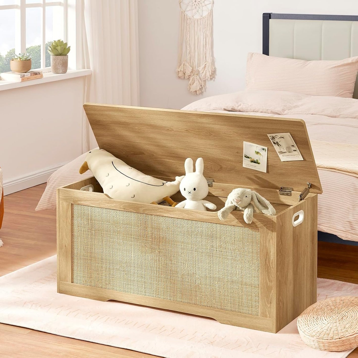 FIONESO 100cm Rattan Storage Chest, Wooden Toy Chest with 2 Safety Hinges, Lift Top Storage Box with Gel Bumpers, Storage Trunk, Storage Bench for Hallway, Natural