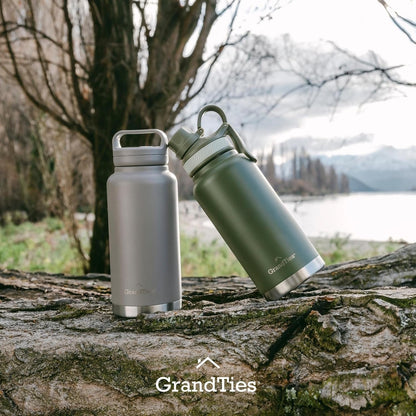 GrandTies 2 Lids Sports Stainless Steel Water Bottle– 32oz, Reusable Wide Mouth Vacuum Insulated Water Bottles, Travel Metal Canteen, Coldest Water Bottle for Men and Women–Olive Green