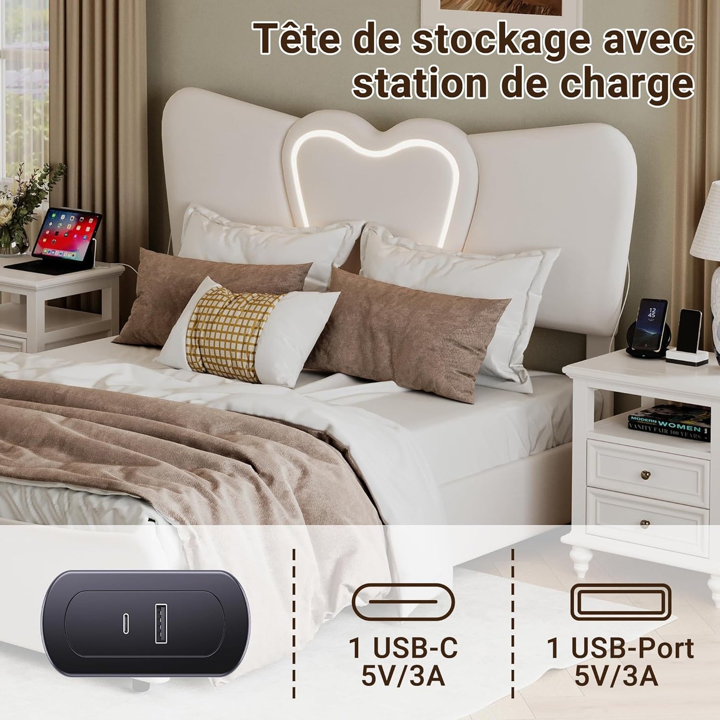 Upholstered Bed 140 x 200 cm with Cassette, LED Heart Headboard and USB Charging Function, Double Bed with Hydraulic Space, Slatted Frame, Beige, Velvet, Without