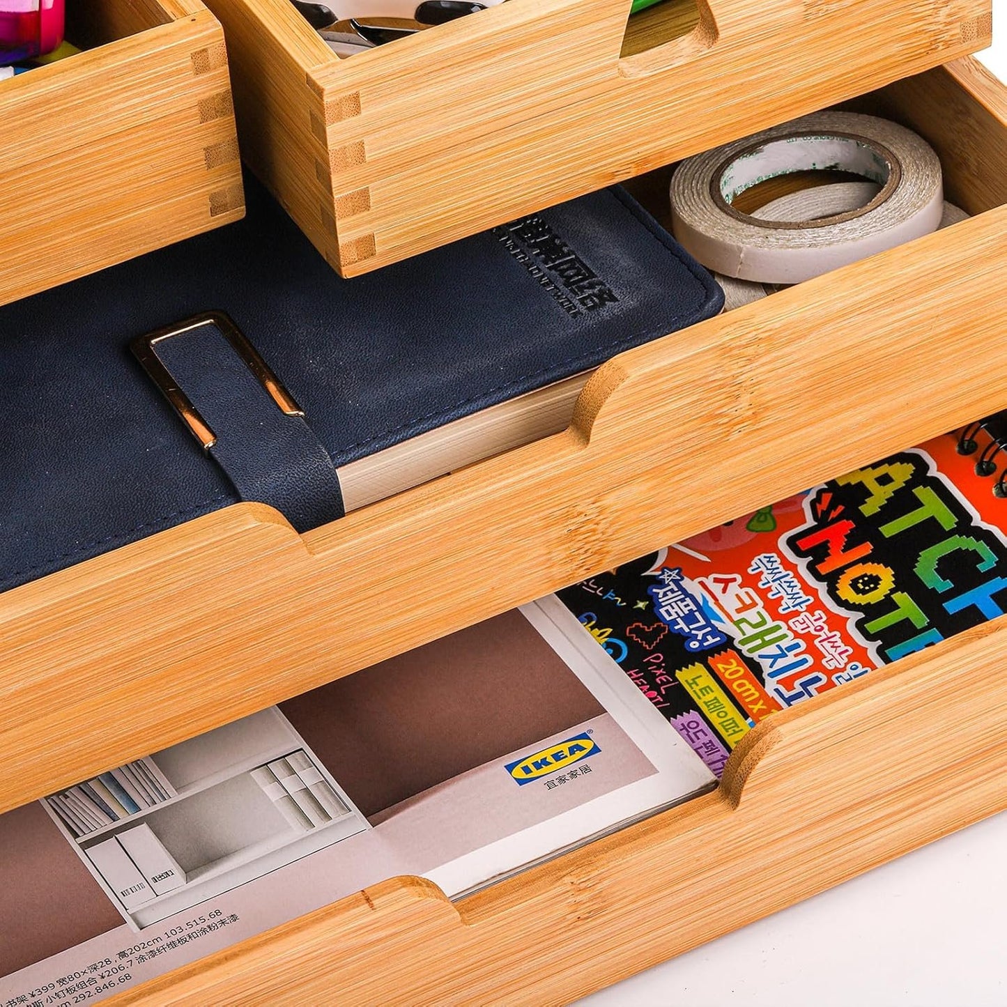 DEAYOU Bamboo Desk Organizer, 100% Natural Bamboo Desktop Drawer Organizer, Tabletop Storage Cabinet Organization Box with 4 Drawers for Makeup, Letter, Home Office Supplies, 3-Layer, Fully Assembled