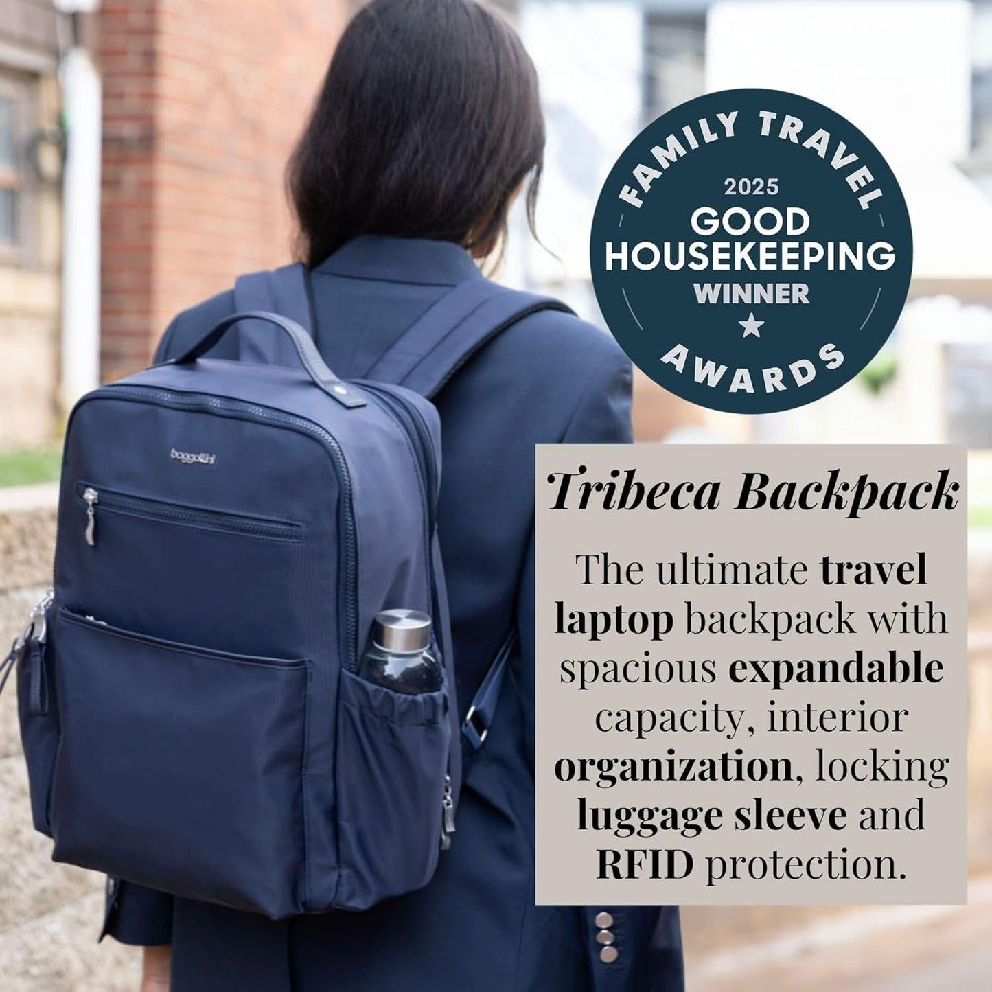 Baggallini Tribeca Expandable Travel Laptop Backpack Water-Resistant Nylon Work Bag w/Organization, Padded Sleeve & RFID Tech, Sage Twill, One Size