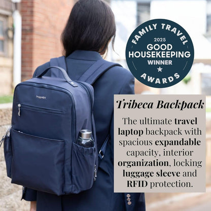 Baggallini Tribeca Expandable Travel Laptop Backpack Water-Resistant Nylon Work Bag w/Organization, Padded Sleeve & RFID Tech, Sage Twill, One Size