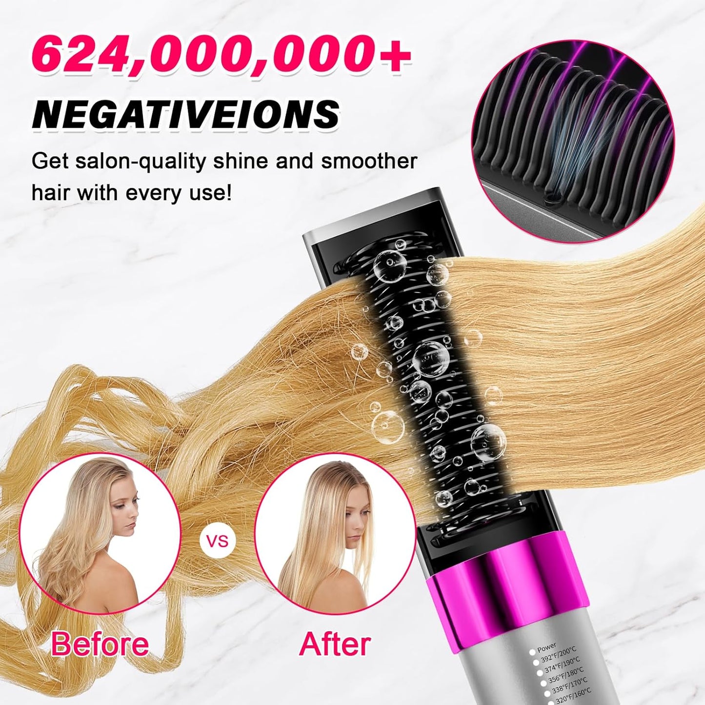 Hair Straightener Brush Negative Ionic,Lightweight Straightening Hot Comb Curler 5 Temps Settings 320°F to 392°F 20s Fast Heating,Professional Styling Tools for Silky Smooth, Frizz-Free Hair