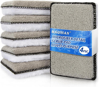 Microfiber Pad - 4PCS Microfiber Pads Detailing Sponge Two Sides of Microfiber Cloth and Nylon Bristle Brush Car Interior Detailing Kit for Leather Sofa Shoes and Bags Car Wash Kit