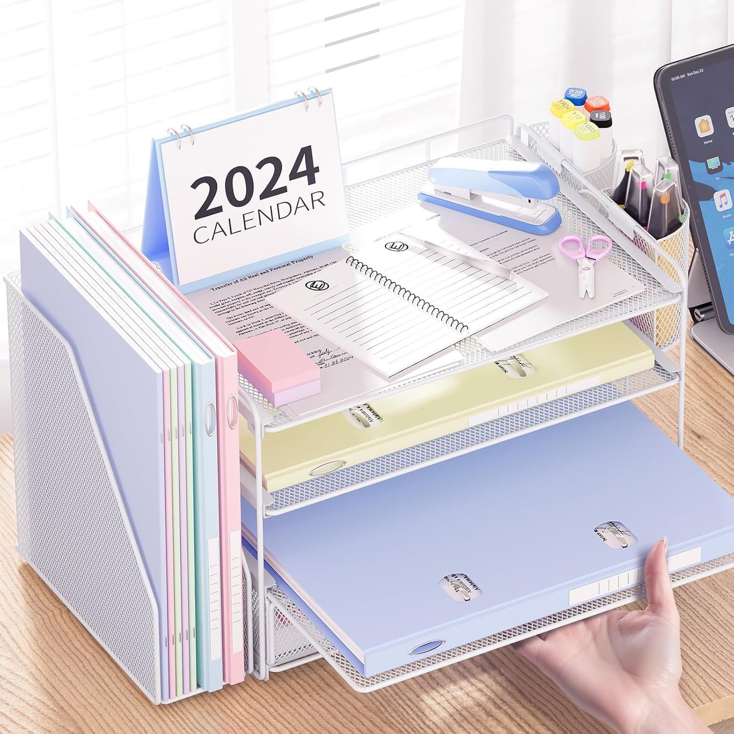 OPNICE Desk Organizers and Accessories, 4 Tier Tray Letter Paper Organizer with Vertical File Folder Holder Organizer, Desktop Organization and Desk Accessories for Office Suppliesï¼ˆWhiteï¼‰