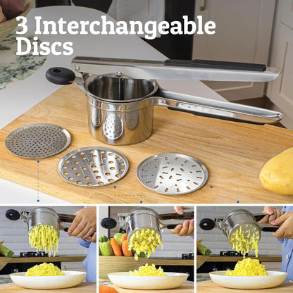 Large 15oz Potato Ricer with 3 Discs, Heavy Duty Stainless Steel Potato Ricer for Mashed Potatoes, Potato Masher, Press and Ricer Kitchen Tool,Black