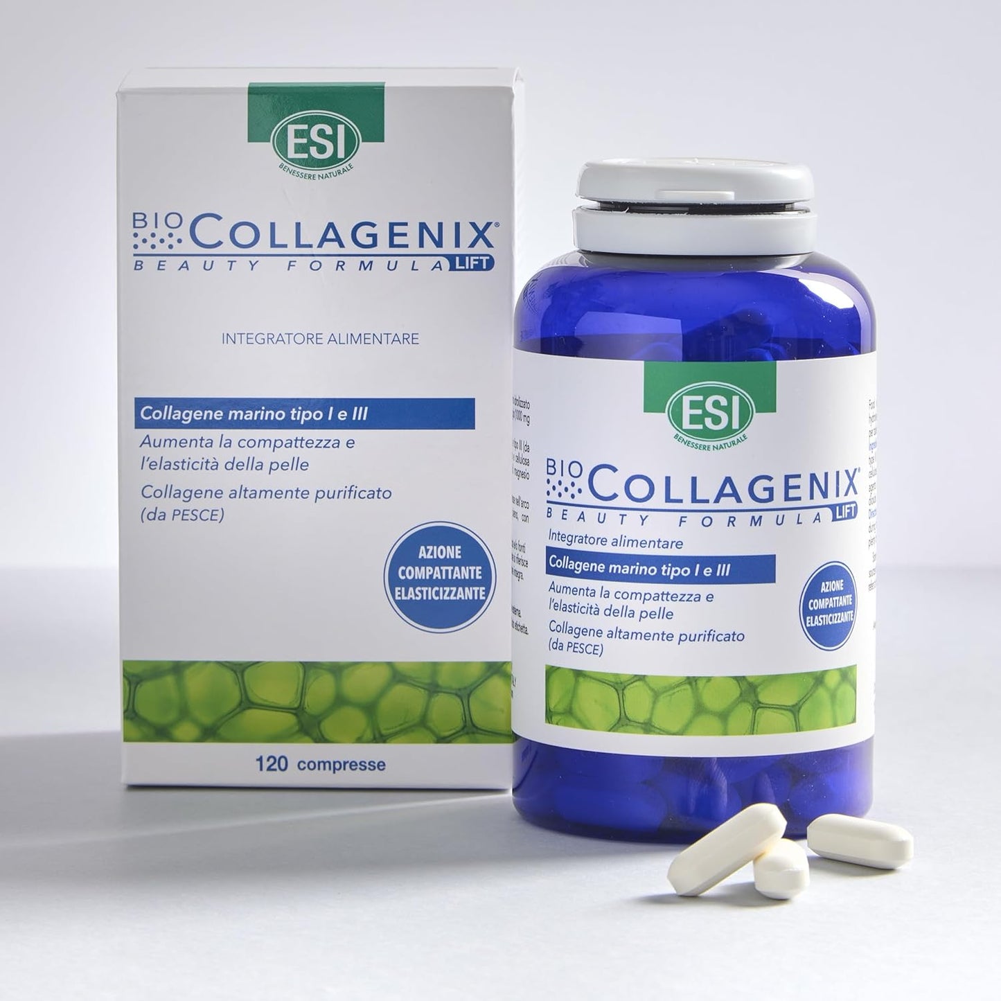 ESI, Biocollagenix, Food Supplement Based on Hydrolyzed Marine Collagen 1000 mg, Gives Firm Skin and Elasticity to the Face, Anti-Aging Supplements Gluten Free, 120 Tablets