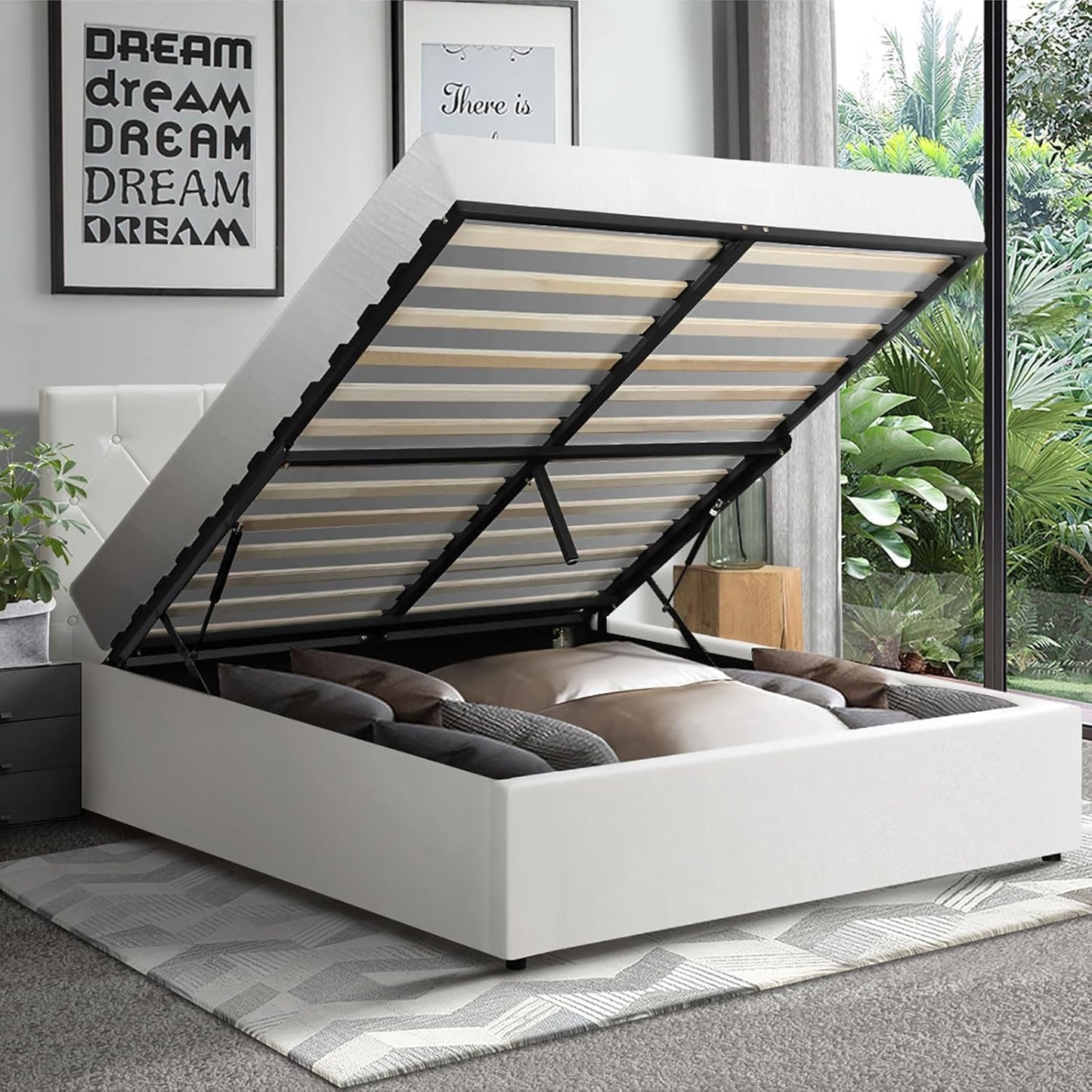 Oikiture Double Bed Frame with Storage and Gas Lift Leather Bed White